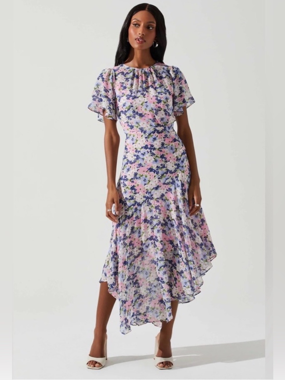 NWT ASTR the label Flutter Sleeve Floral Asymmetric Maxi Dress from Reformation